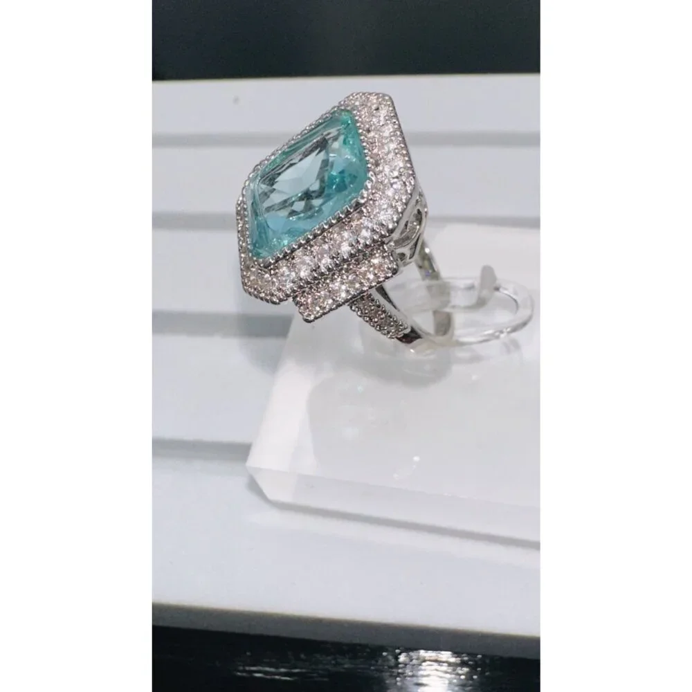 Aquamarine Cubic Zirconia White Crystal Ring Size 10